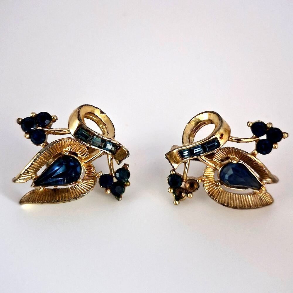 Vintage Signed CORO Earrings Pair Gold Tone Clip On MCM Sapphire Blue Floral